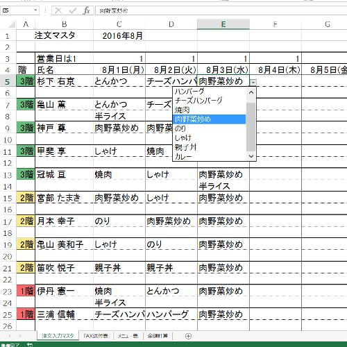 お弁当注文の集計表サンプル