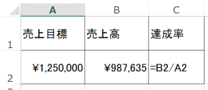 A列　売上目標　百二十五万円　B列　売上高 九十八万七千六百三十五円 C列　達成率　=B1/A1