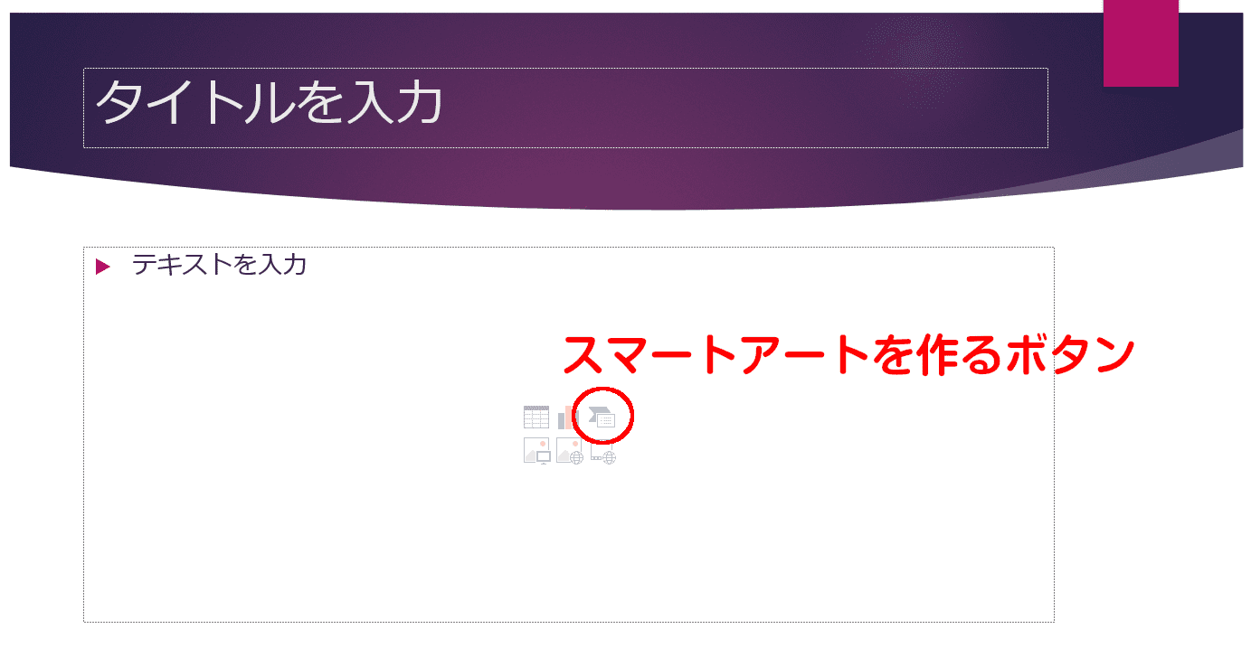 パワーポイントの新規スライドにある、スマートアートを作るボタン