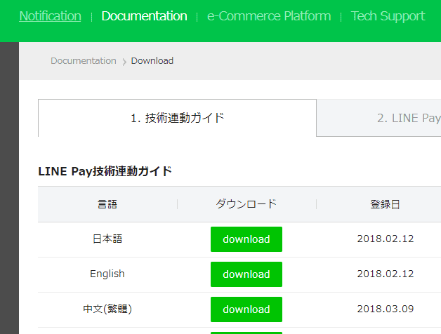LINE Pay Developersの画面　LINE Pay技術連動ガイド　日本語版　ダウンロード
