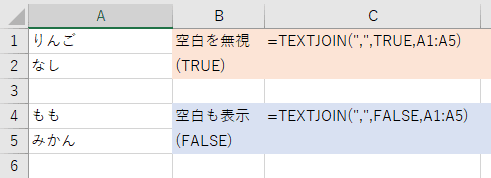 TEXTJOIN()関数のサンプル。上は空白を無視(TRUE)、下は空白も表示(FALSE)