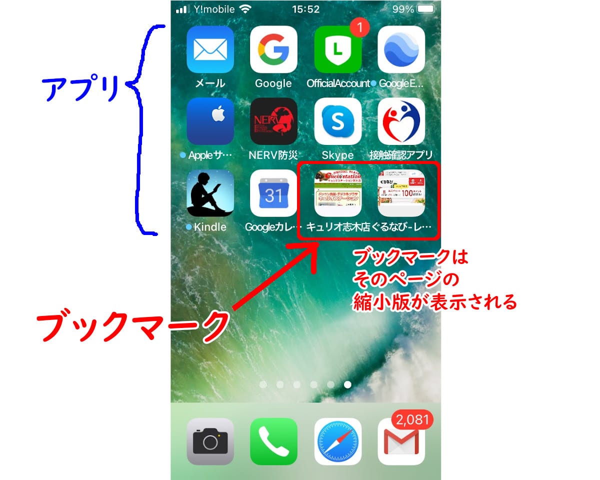 iPhoneの画面にある、アプリとブックマークの説明。ブックマークはそのページの縮小版が表示される