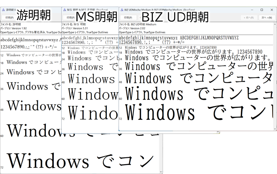 Windowsのフォントビューアで見た、游明朝、MS明朝、BIZ UD明朝。游明朝だけ、行間が大きくあいている