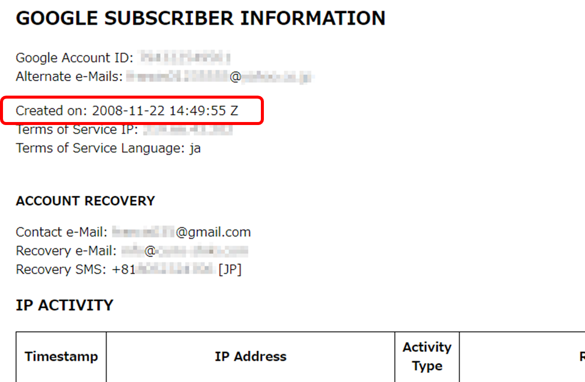 GOOGLE SUBSCRIBER INFORMATION
Created on; に続く日付がGoogleアカウント作成日