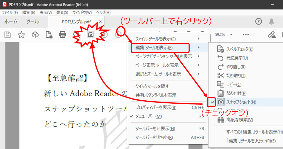 前のAcrobat Reader
ツールバー上で右クリック
編集ツールを表示
スナップショットにチェックを入れる
ツールバーにカメラの形のスナップショットツールボタンが出現