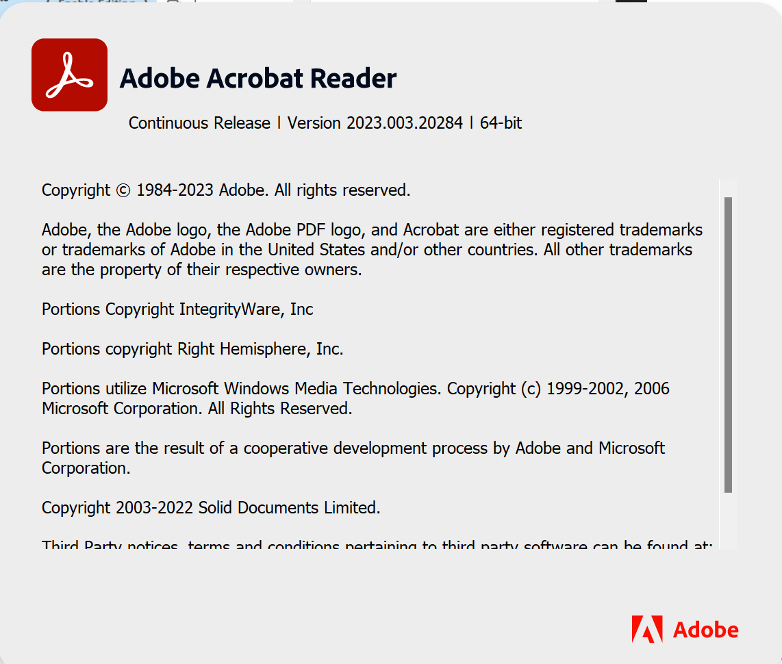 Adobe acrobat reader version information
2023.003.20284 64-bit