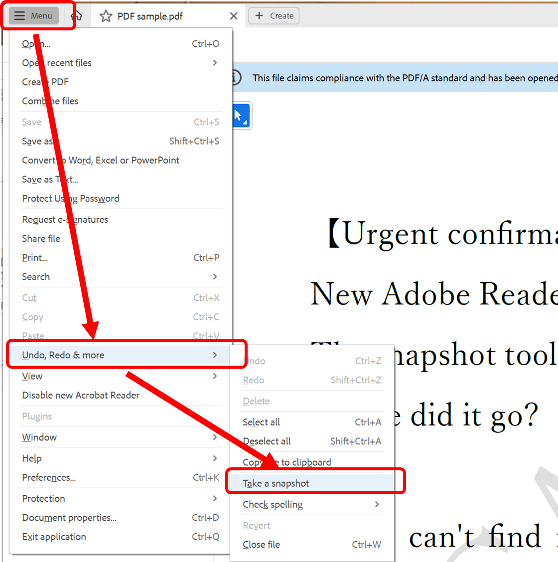 The location of the Snapshot Tool in the new Acrobat Reader is as follows: Menu -> Edit -> Undo, Redo, and More -> Snapshot