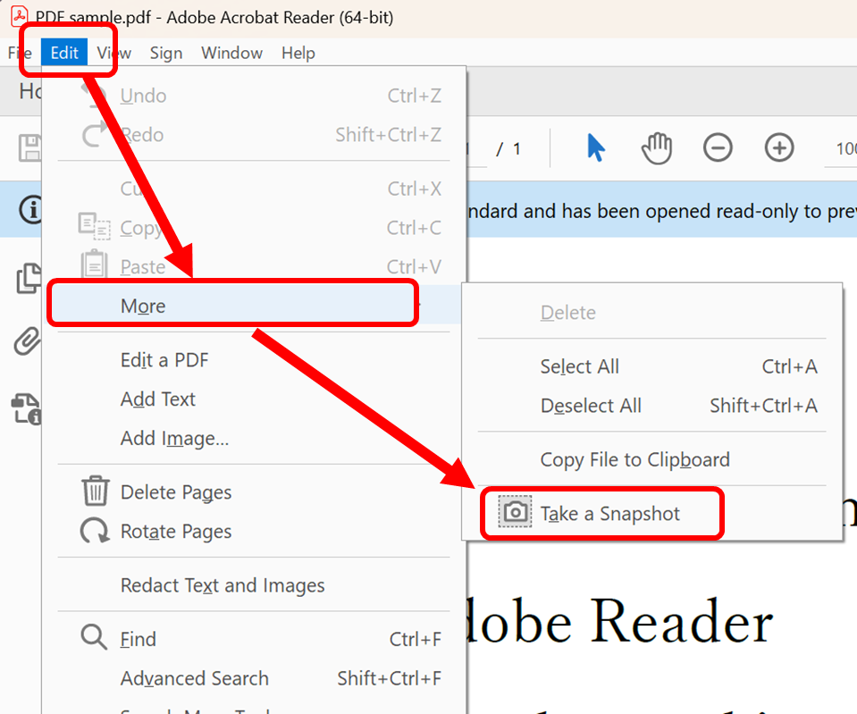 In the previous Acrobat Reader version, you can find the Snapshot tool under "Edit" > "more" > "Take a Snapshot."