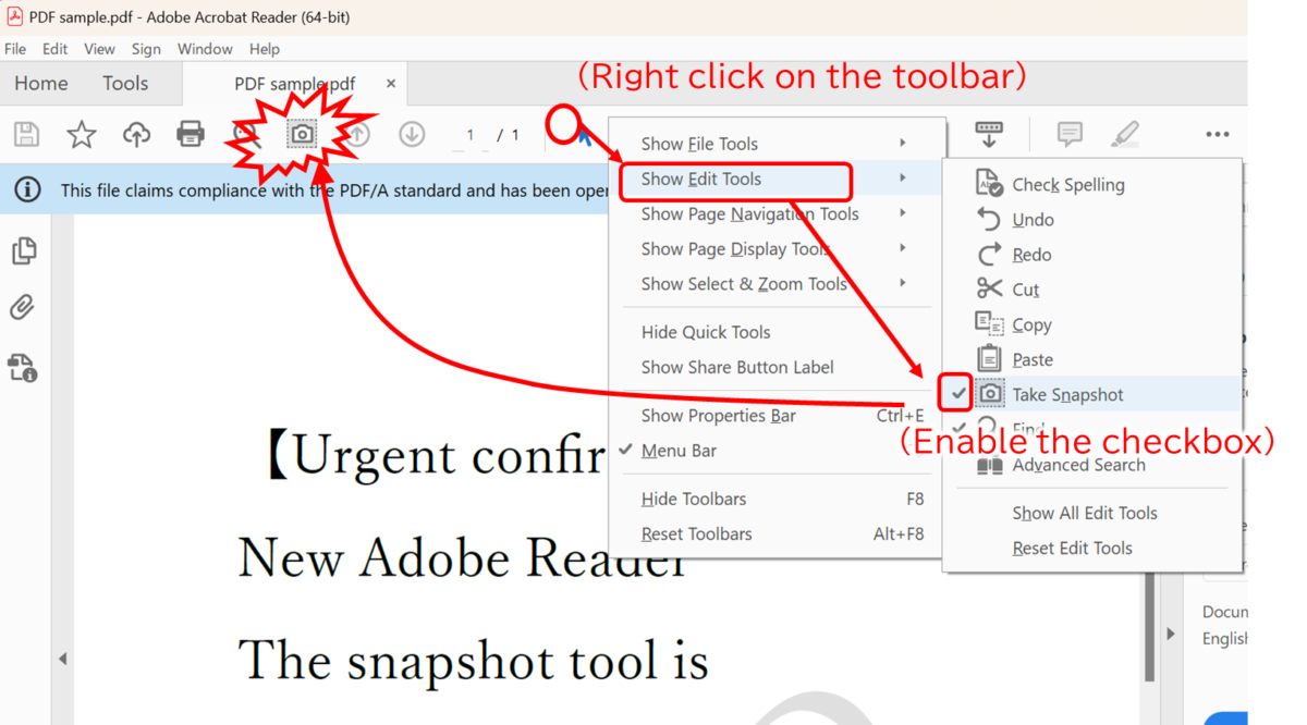 In the previous version of Acrobat Reader, you can follow these steps to add the Snapshot Tool to the toolbar:

1. Right-click on the toolbar.
2. Choose "Show Edit Toolbar."
3. Check the box next to "Snapshot."
4. A camera-shaped Snapshot Tool button will appear on the toolbar.