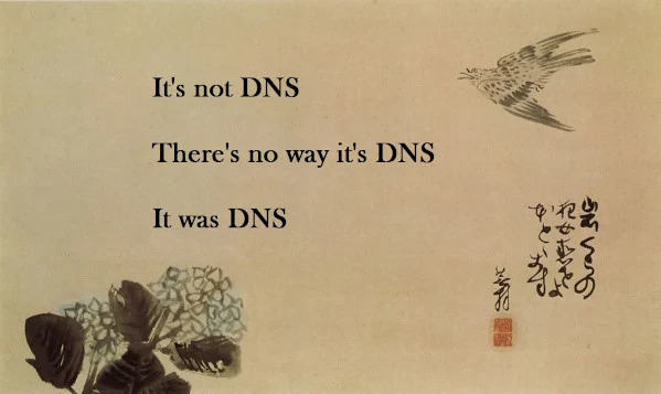 It's not DNS
There's no wai it's DNS
It was DNS