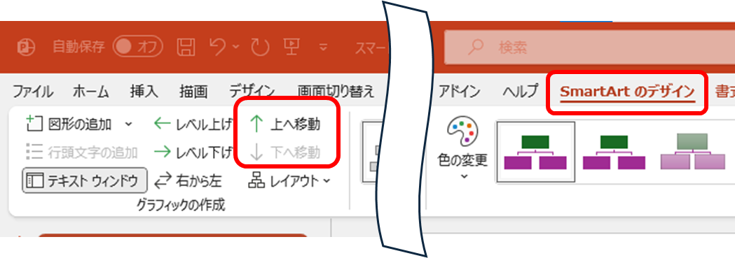 SmartArtのデザイン　上へ移動　下ヘ移動