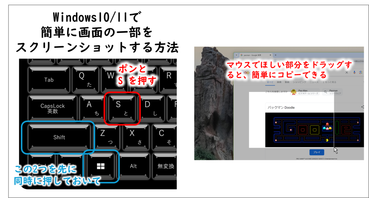 Windows 10/11で、簡単に画面の一部をスクリーンショットする方法
マウスでほしい部分をドラッグすると簡単にコピーできる