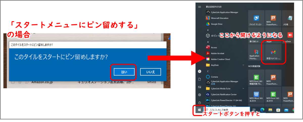 このタイルをスタートにピン留めしますか?　はい
スタートメニューにGmailがピン留めされる