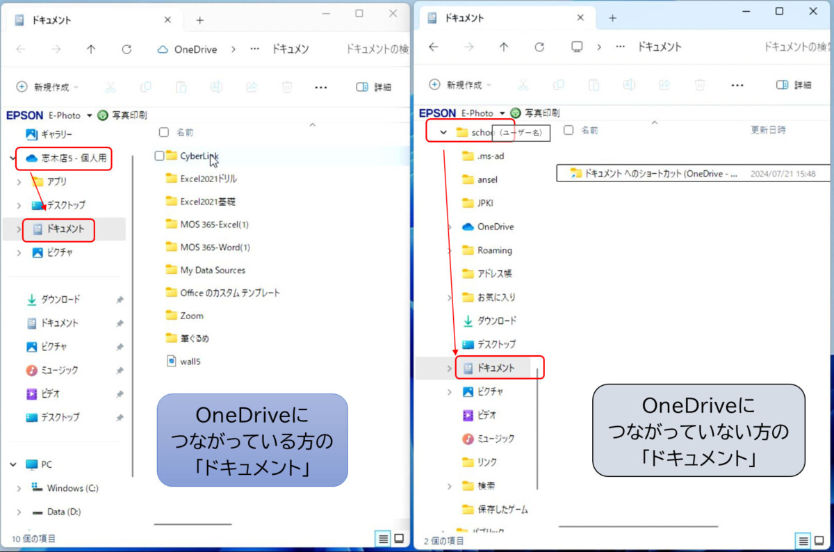 OneDriveにつながっている方のドキュメント
OneDriveにつながっていない方のドキュメント
左右に並べた状態