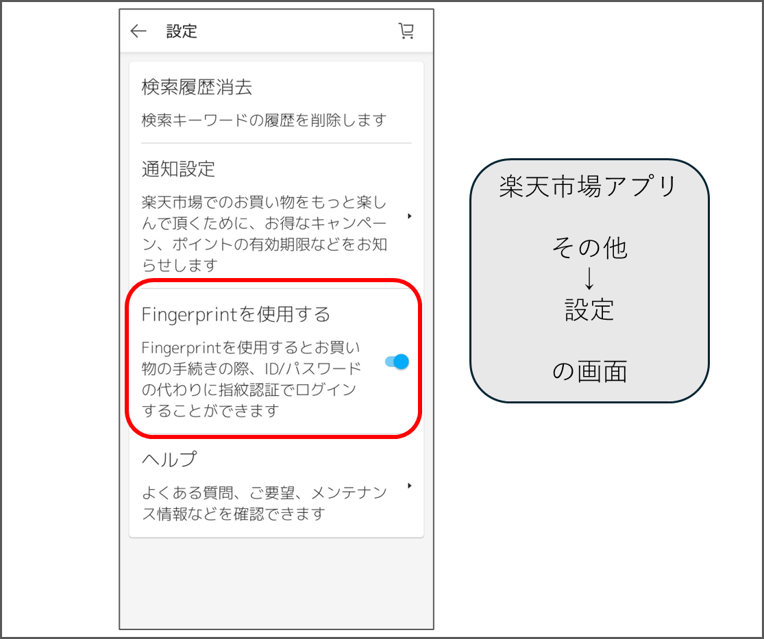 楽天市場アプリ
その他→設定　の画面
Fingerprintを使用する
Fingerprintを使用するとお買い物の手続きの際、ID/パスワードの代わりに指紋認証でログインすることができます