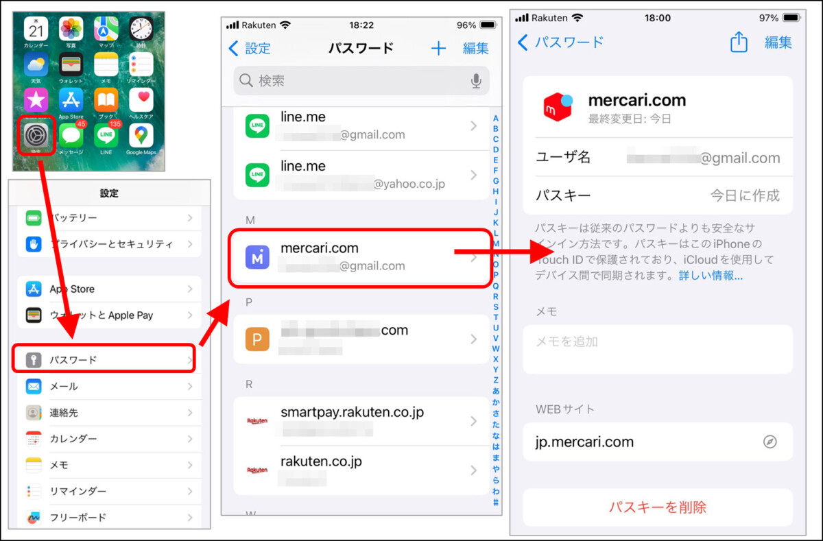 iPhoneでメルカリのパスキーが保存され同期されていることを確認しているようす
