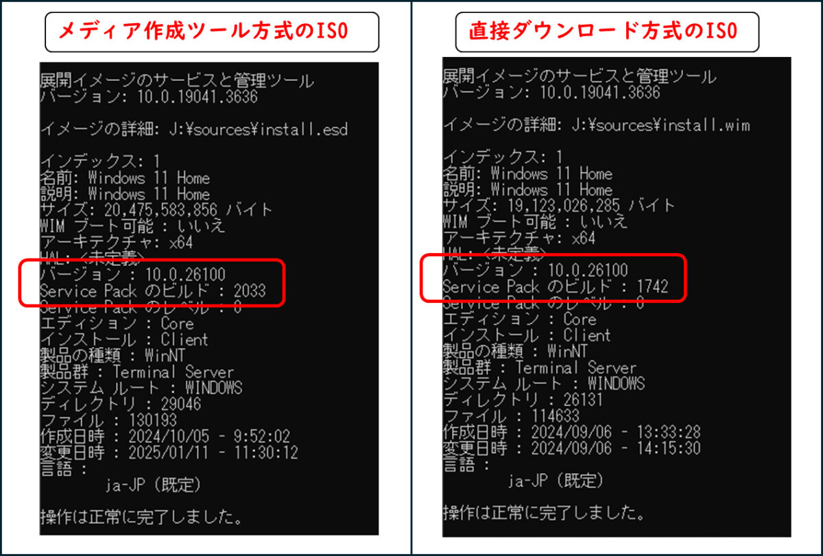 メディア作成ツール方式のISO
バージョン : 10.0.26100
Service Pack のビルド : 2033
直接ダウンロード方式のISO
バージョン : 10.0.26100
Service Pack のビルド : 1742