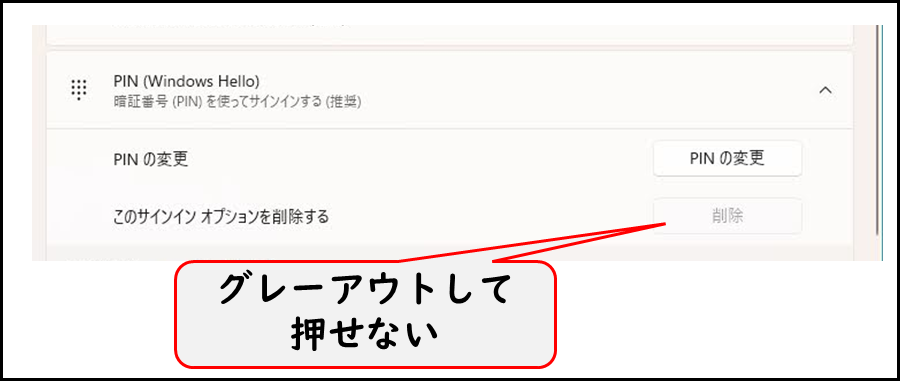 PINの変更　このサインインオプションを削除する　削除ボタン
グレーアウトして押せない