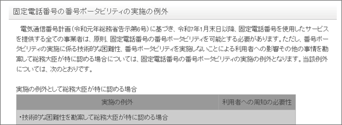 電気通信番号計画（令和元年総務省告示第6号）に基づき、令和7年1月末日以降、固定電話番号を使用したサービスを提供する全ての事業者は、原則、固定電話番号の番号ポータビリティを可能とする必要があります。ただし、番号ポータビリティの実施に係る技術的な困難性、番号ポータビリティを実施しないことによる利用者への影響その他の事情を勘案して総務大臣が特に認める場合については、固定電話番号の番号ポータビリティの実施の例外となります。当該例外については、次のとおりです。