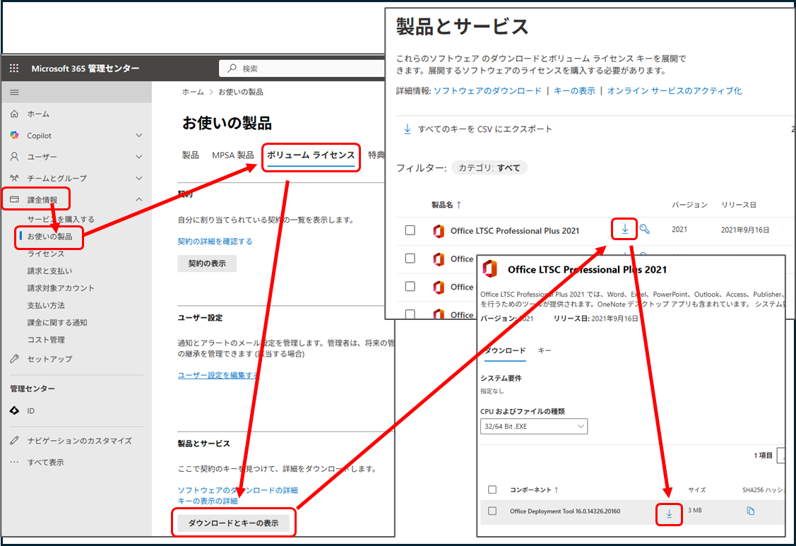 Microsoft 365 管理センター
課金情報→お使いの製品→ボリュームライセンス→ダウンロードとキーの表示
→該当製品(Office LTSC Professional Plus 2024など)の中のOffice Deployment Toolsダウンロードボタン