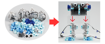 タテ・ヨコ・ナナメ自由に組み立てられるアーテックブロックを使って、オリジナルのロボットを組み立てられます