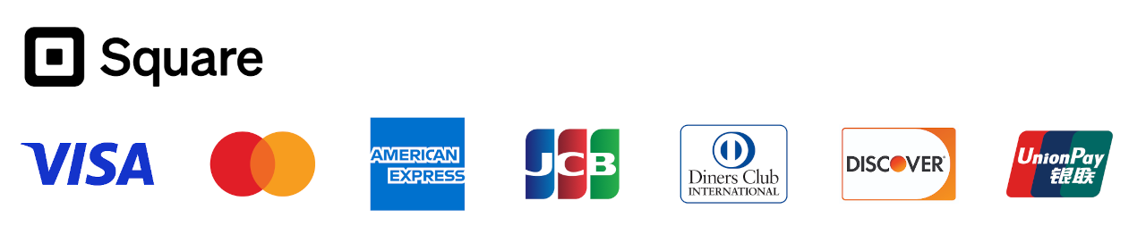 Squareの決済サービス　VISA Master AMEX JCB Diners DISCOVER UnionPay